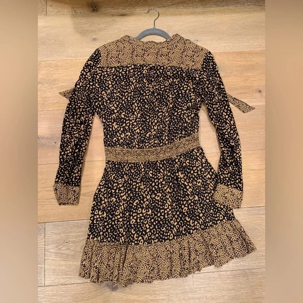 ZARA Leopard Print Festival Boho Date Night Long Sleeve Dress Tan Black Size M - Picture 4 of 8
